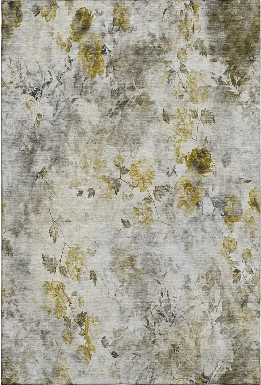 Taupe Gold And Ivory Floral Washable Area Rug With UV Protection Photo 1