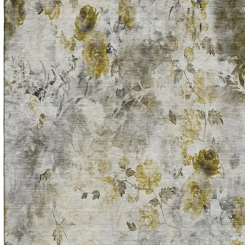 Taupe Gold And Ivory Floral Washable Area Rug With UV Protection Photo 3