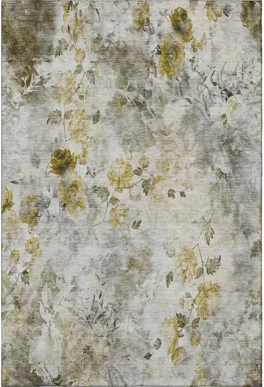 Taupe Gold And Ivory Floral Washable Area Rug With UV Protection Photo 3