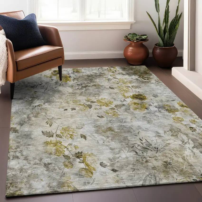 Taupe Gold And Ivory Floral Washable Area Rug With UV Protection Photo 5