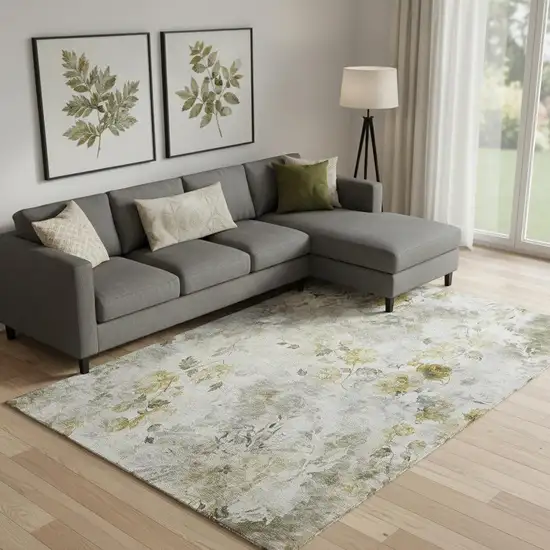 Taupe Gold And Ivory Floral Washable Area Rug With UV Protection Photo 1