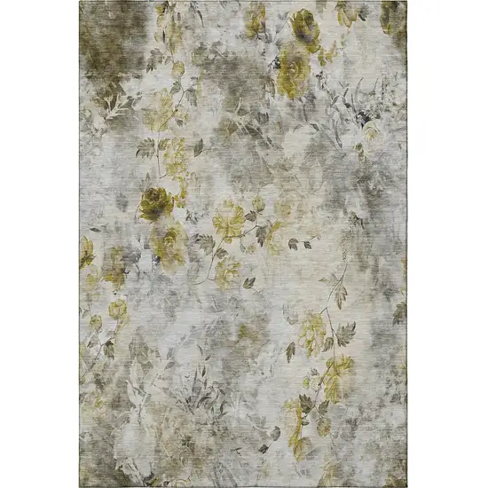 Taupe Gold And Ivory Floral Washable Area Rug With UV Protection Photo 3