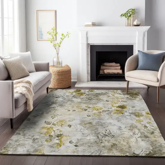 Taupe Gold And Ivory Floral Washable Area Rug With UV Protection Photo 4