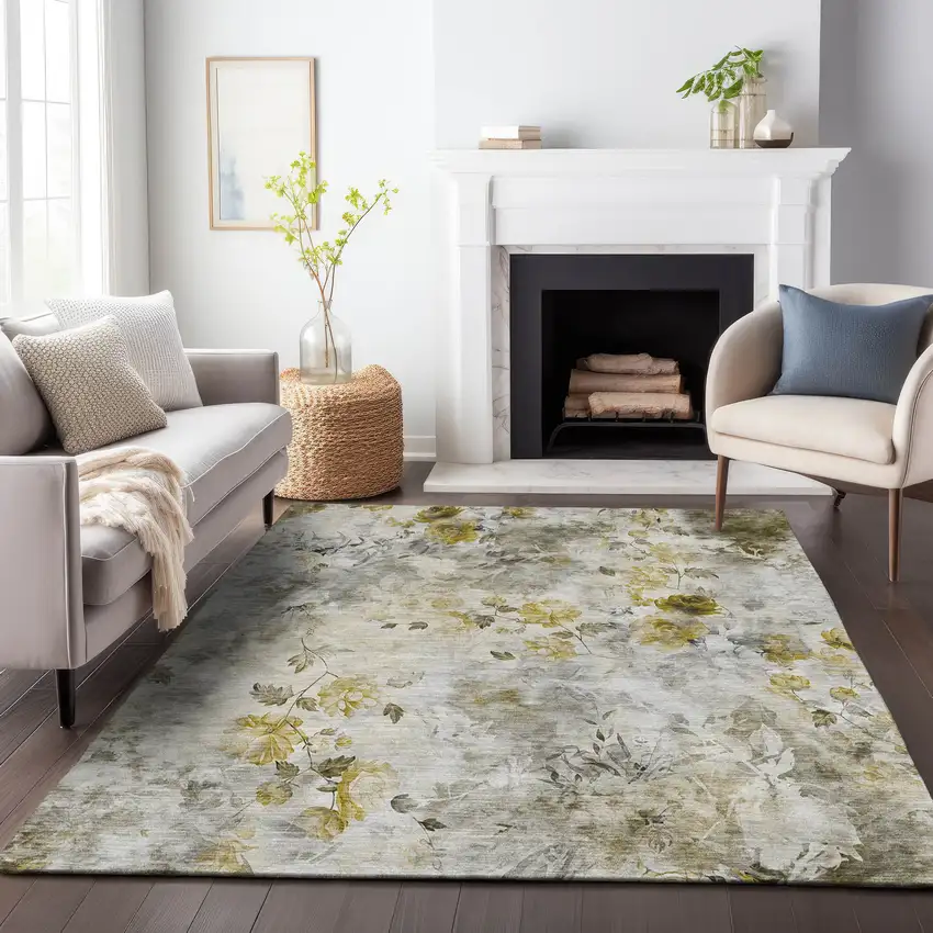 Taupe Gold And Ivory Floral Washable Area Rug With UV Protection Photo 4