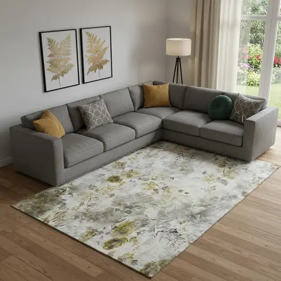 Taupe Gold And Ivory Floral Washable Area Rug With UV Protection Photo 3