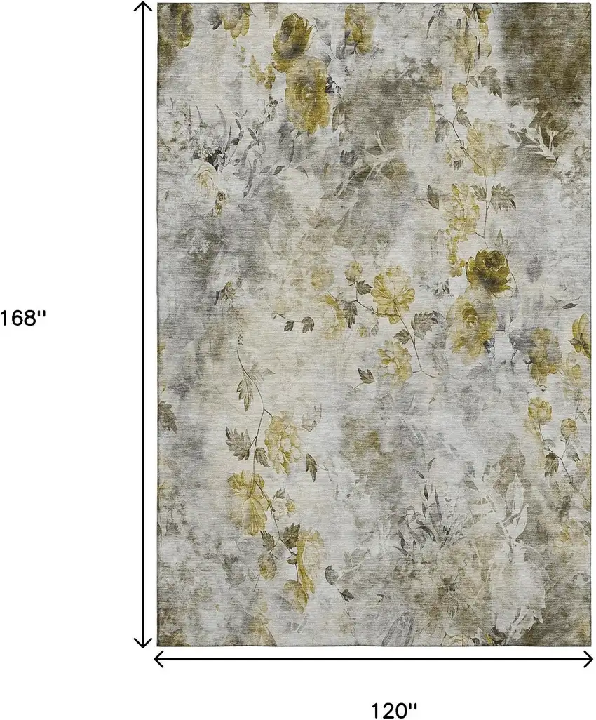 Taupe Gold And Ivory Floral Washable Area Rug With UV Protection Photo 4