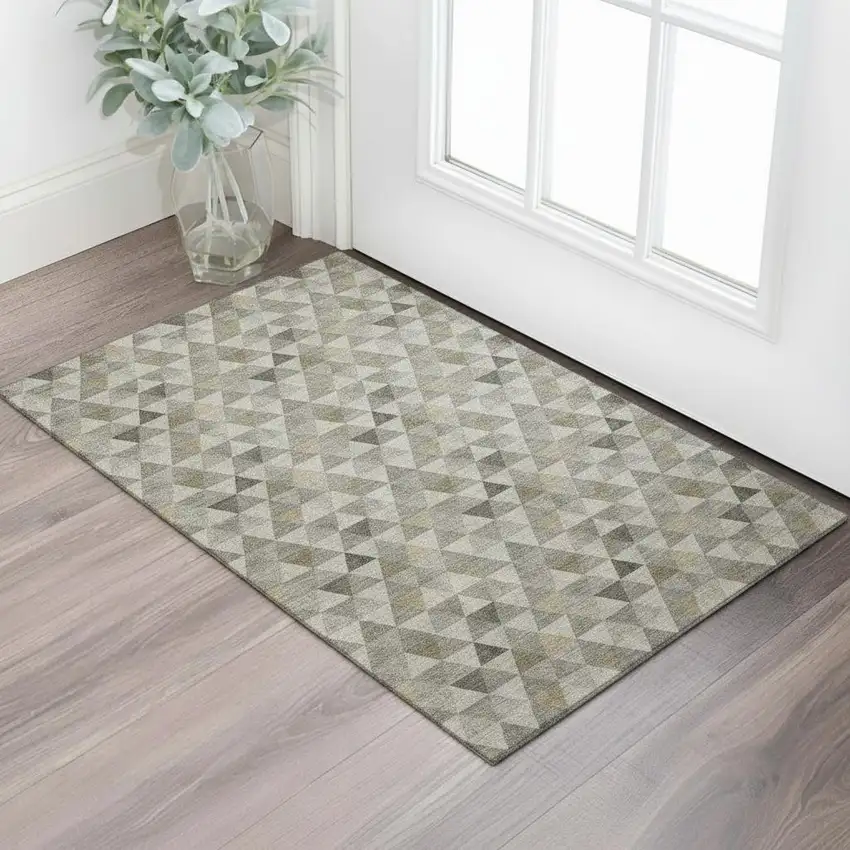 Taupe Gold And Ivory Geometric Washable Area Rug With UV Protection Photo 1