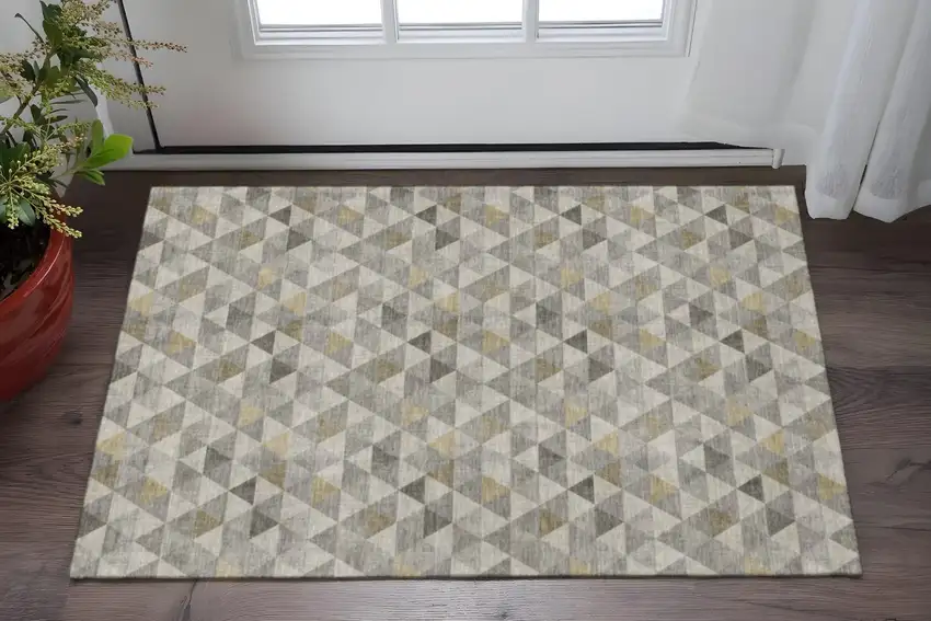 Taupe Gold And Ivory Geometric Washable Area Rug With UV Protection Photo 2