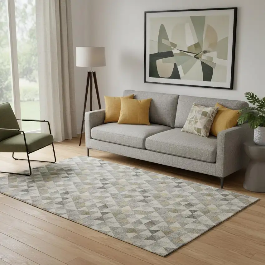 Taupe Gold And Ivory Geometric Washable Area Rug With UV Protection Photo 1