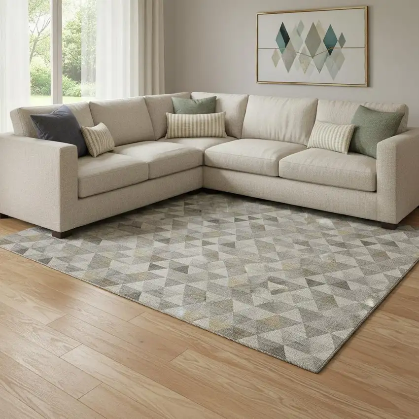 Taupe Gold And Ivory Geometric Washable Area Rug With UV Protection Photo 1