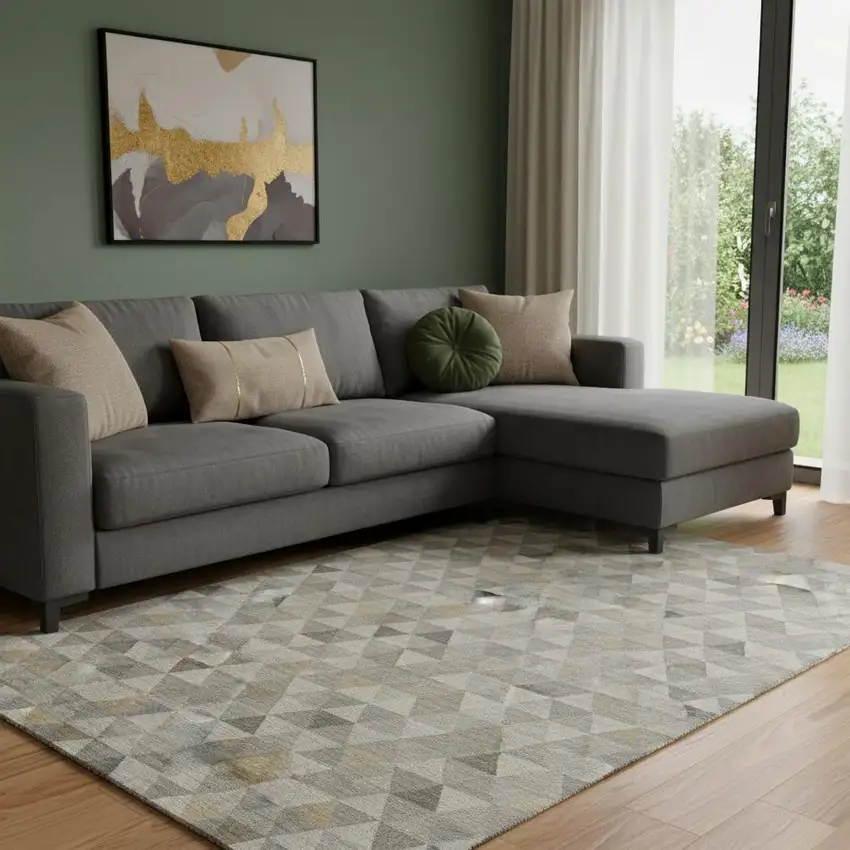 Taupe Gold And Ivory Geometric Washable Area Rug With UV Protection Photo 1