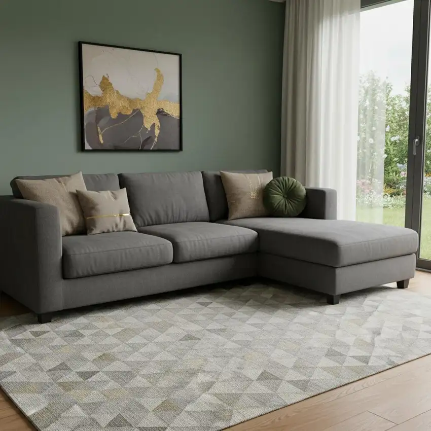 Taupe Gold And Ivory Geometric Washable Area Rug With UV Protection Photo 1