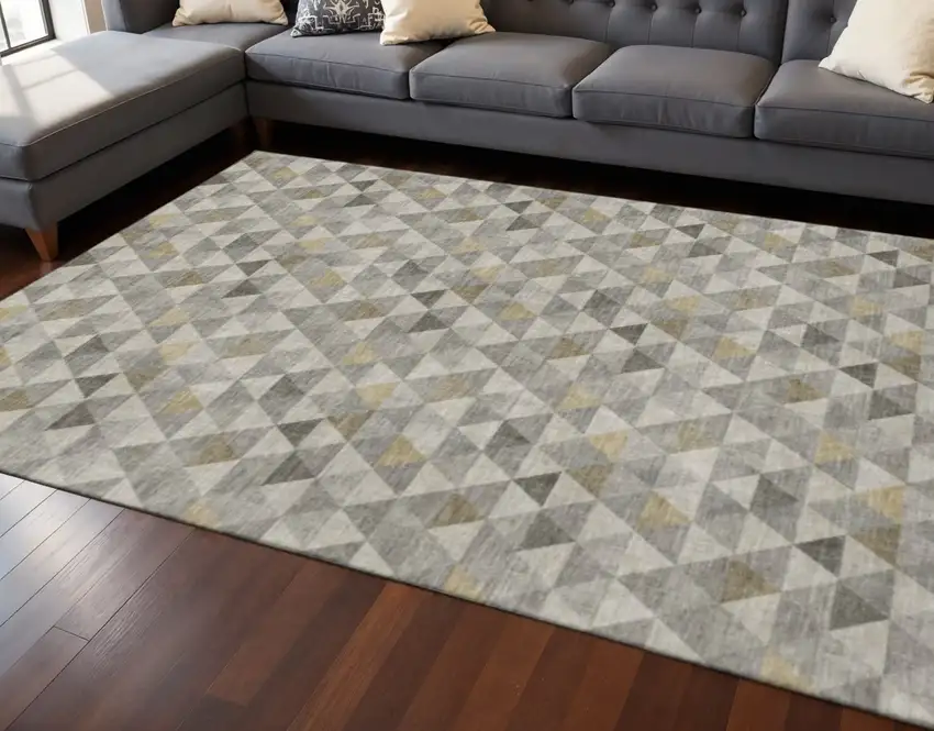 Taupe Gold And Ivory Geometric Washable Area Rug With UV Protection Photo 2