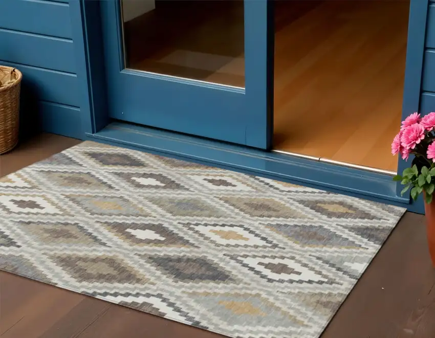 Taupe Gold And Ivory Geometric Washable Indoor Outdoor Area Rug Photo 1
