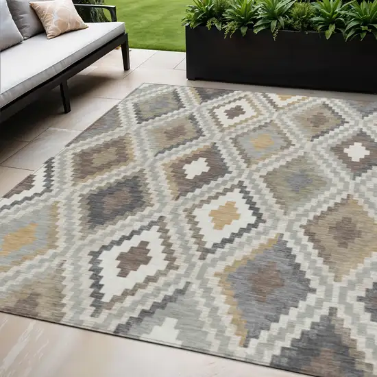 Taupe Gold And Ivory Geometric Washable Indoor Outdoor Area Rug Photo 1