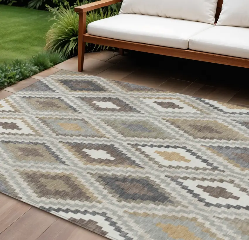 Taupe Gold And Ivory Geometric Washable Indoor Outdoor Area Rug Photo 1