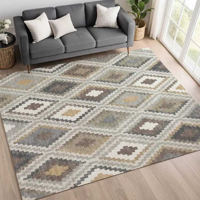 Taupe Gold And Ivory Geometric Washable Indoor Outdoor Area Rug Photo 9