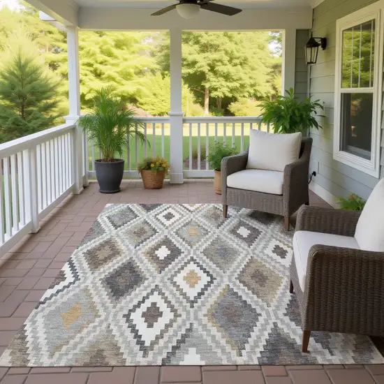 Taupe Gold And Ivory Geometric Washable Indoor Outdoor Area Rug Photo 9