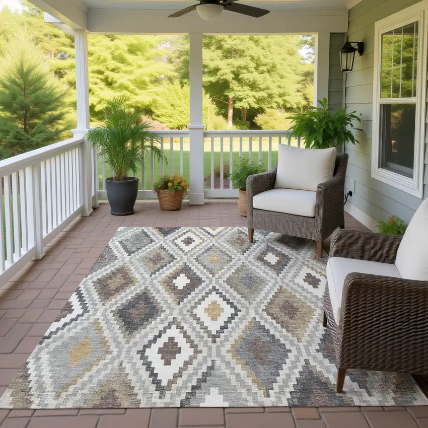 Taupe Gold And Ivory Geometric Washable Indoor Outdoor Area Rug Photo 9