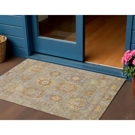 Taupe Gold And Lavender Medallion Washable Indoor Outdoor Area Rug Photo 1