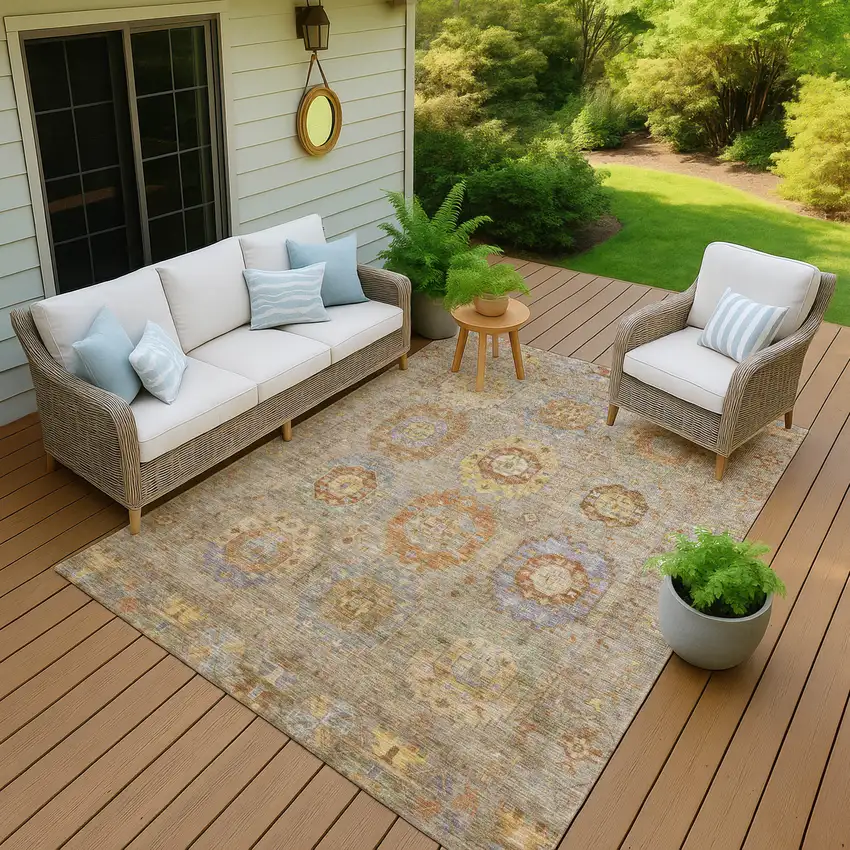 Taupe Gold And Lavender Medallion Washable Indoor Outdoor Area Rug Photo 8