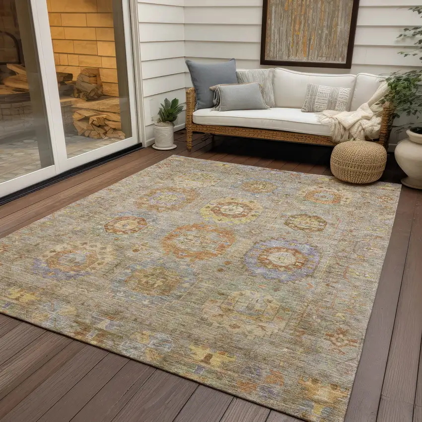 Taupe Gold And Lavender Medallion Washable Indoor Outdoor Area Rug Photo 9
