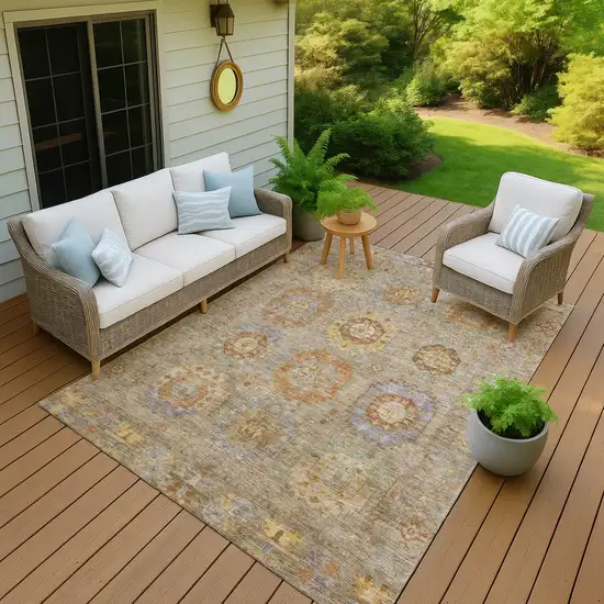 Taupe Gold And Lavender Medallion Washable Indoor Outdoor Area Rug Photo 7