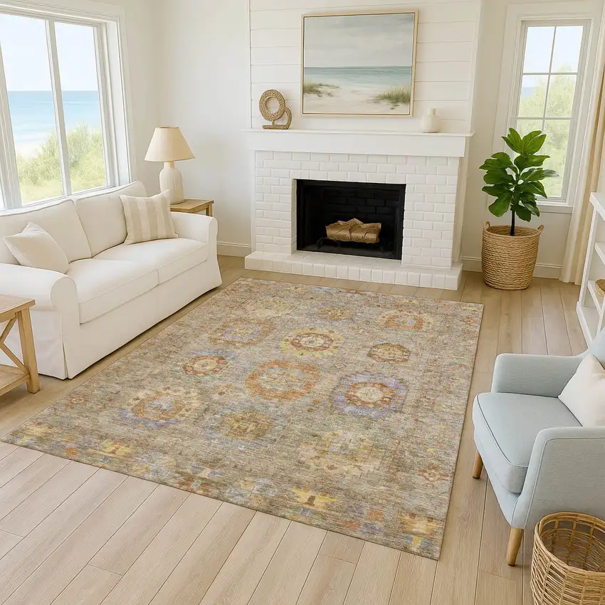 Taupe Gold And Lavender Medallion Washable Indoor Outdoor Area Rug Photo 8