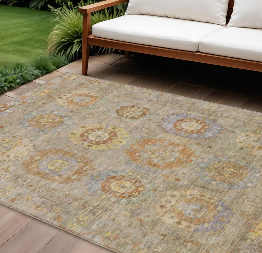 Taupe Gold And Lavender Medallion Washable Indoor Outdoor Area Rug Photo 1