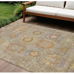 Photo of Taupe Gold And Lavender Medallion Washable Indoor Outdoor Area Rug