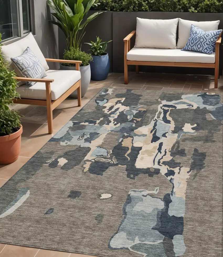 Taupe Gray And Beige Abstract Washable Indoor Outdoor Area Rug Photo 1