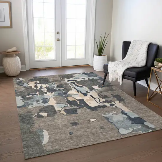 Taupe Gray And Beige Abstract Washable Indoor Outdoor Area Rug Photo 9