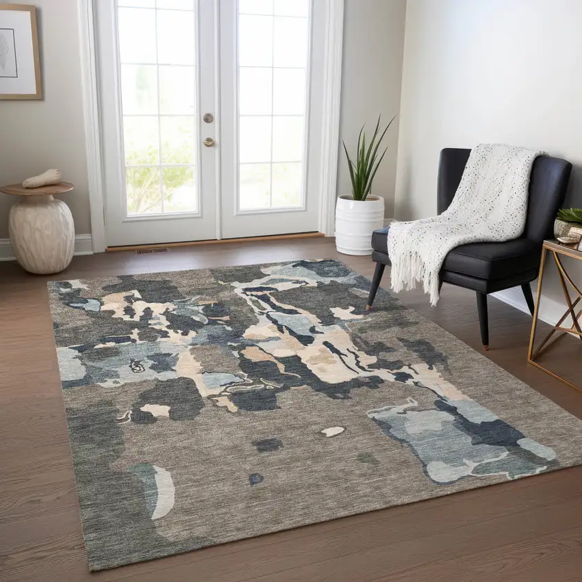 Taupe Gray And Beige Abstract Washable Indoor Outdoor Area Rug Photo 9