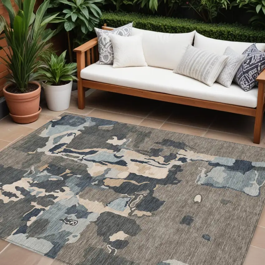Taupe Gray And Beige Abstract Washable Indoor Outdoor Area Rug Photo 1