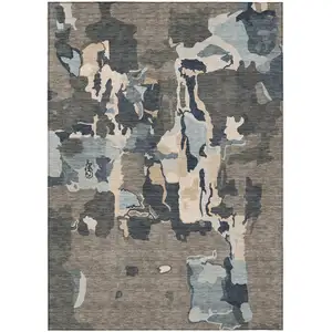 Photo of Taupe Gray And Beige Abstract Washable Indoor Outdoor Area Rug