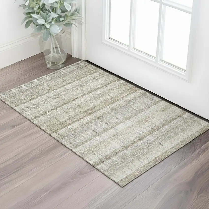 Taupe Gray And Beige Striped Washable Area Rug With UV Protection Photo 1