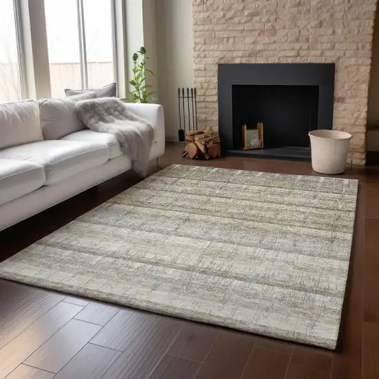 Taupe Gray And Beige Striped Washable Area Rug With UV Protection Photo 6