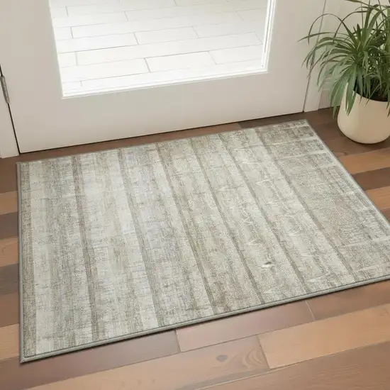 Taupe Gray And Beige Striped Washable Area Rug With UV Protection Photo 2