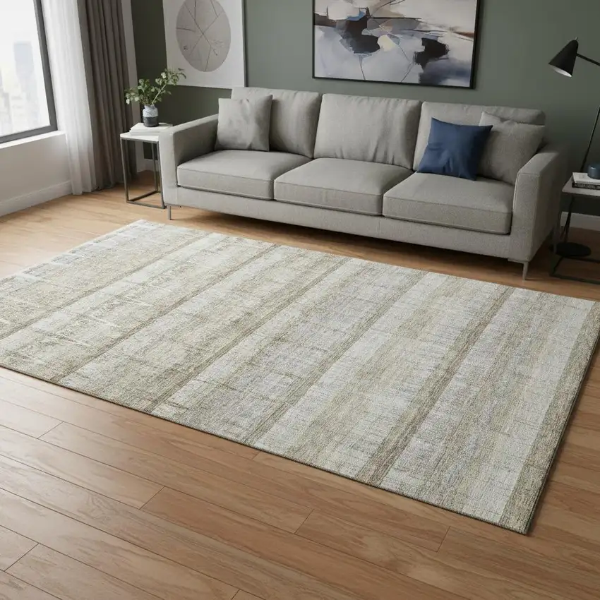 Taupe Gray And Beige Striped Washable Area Rug With UV Protection Photo 2