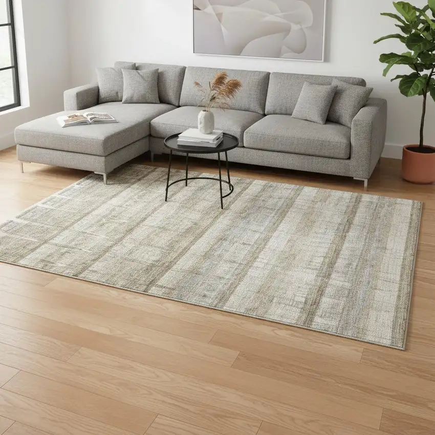 Taupe Gray And Beige Striped Washable Area Rug With UV Protection Photo 2