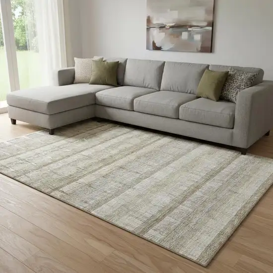 Taupe Gray And Beige Striped Washable Area Rug With UV Protection Photo 1