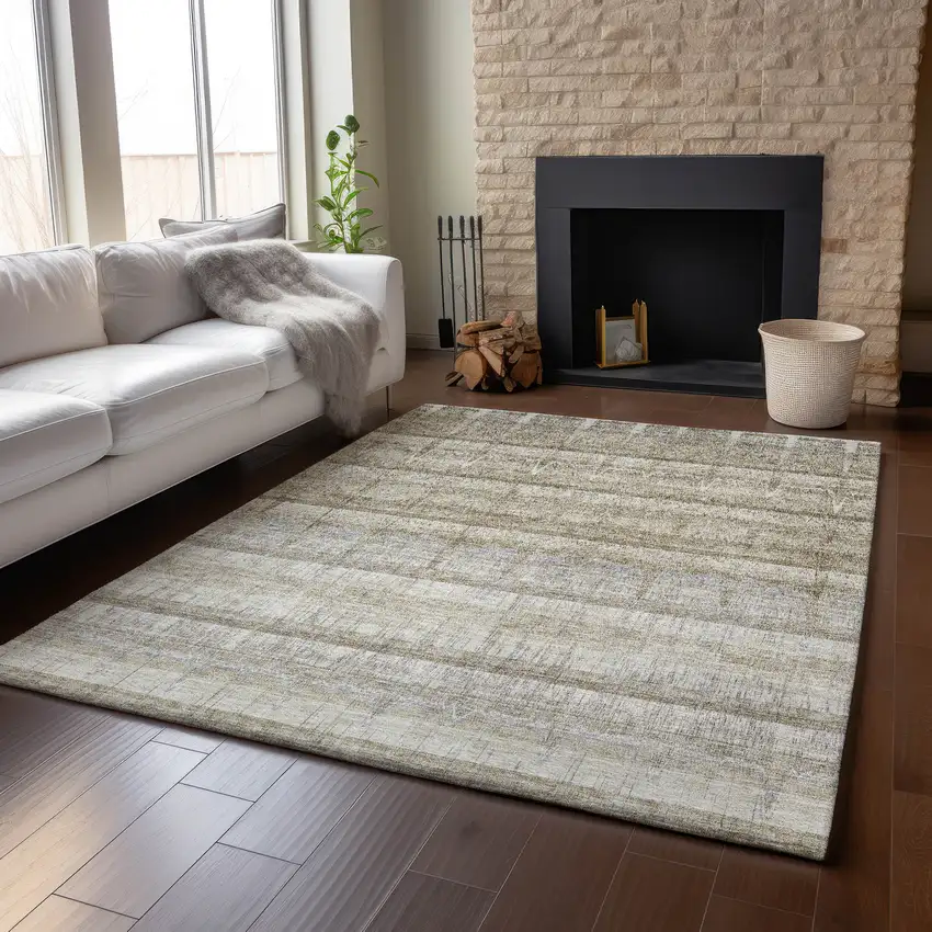 Taupe Gray And Beige Striped Washable Area Rug With UV Protection Photo 6