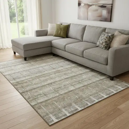 Taupe Gray And Beige Striped Washable Area Rug With UV Protection Photo 1