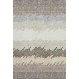 Photo of Taupe Gray And Beige Striped Washable Area Rug With UV Protection