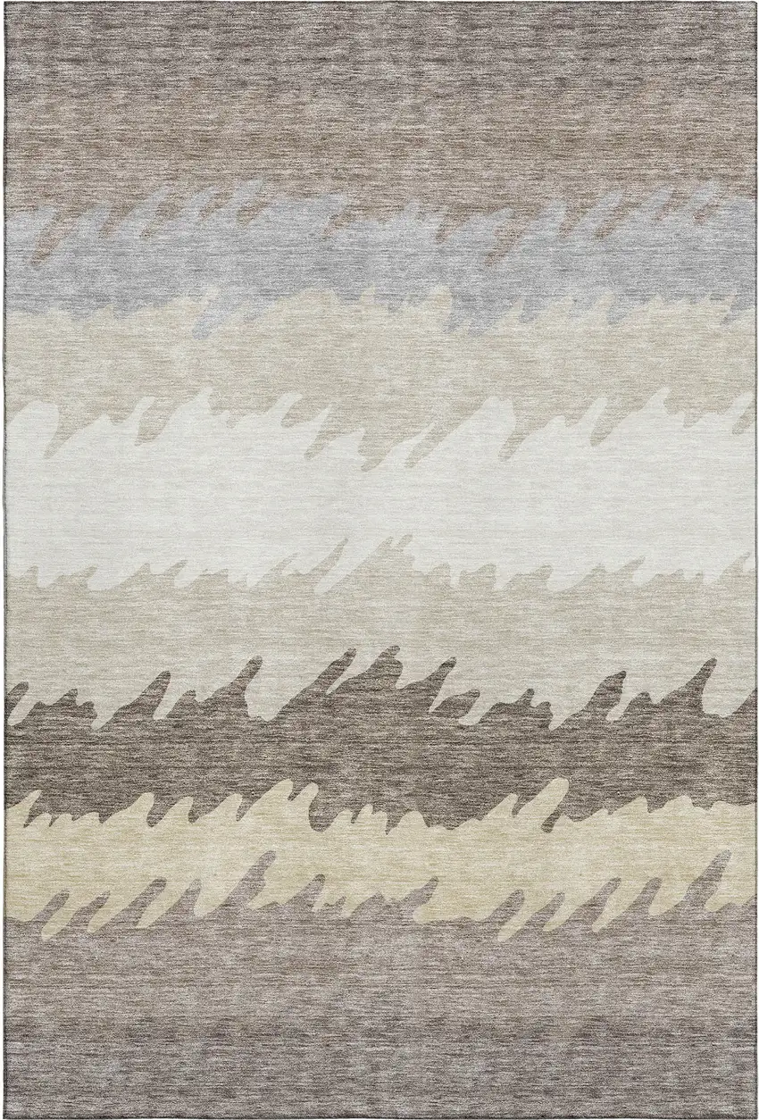 Taupe Gray And Beige Striped Washable Area Rug With UV Protection Photo 1