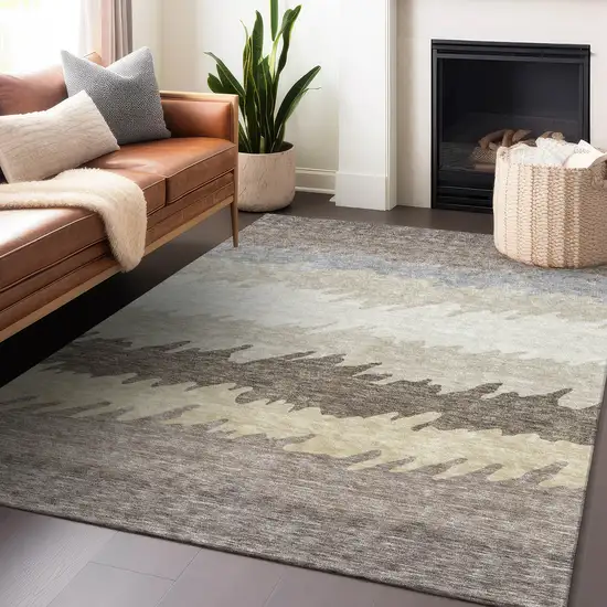 Taupe Gray And Beige Striped Washable Area Rug With UV Protection Photo 5