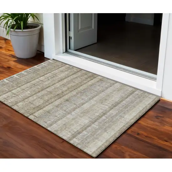 Taupe Gray And Beige Striped Washable Indoor Outdoor Area Rug Photo 1