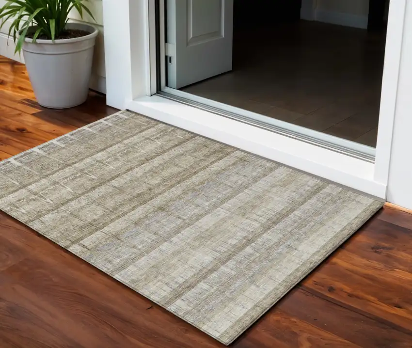 Taupe Gray And Beige Striped Washable Indoor Outdoor Area Rug Photo 1