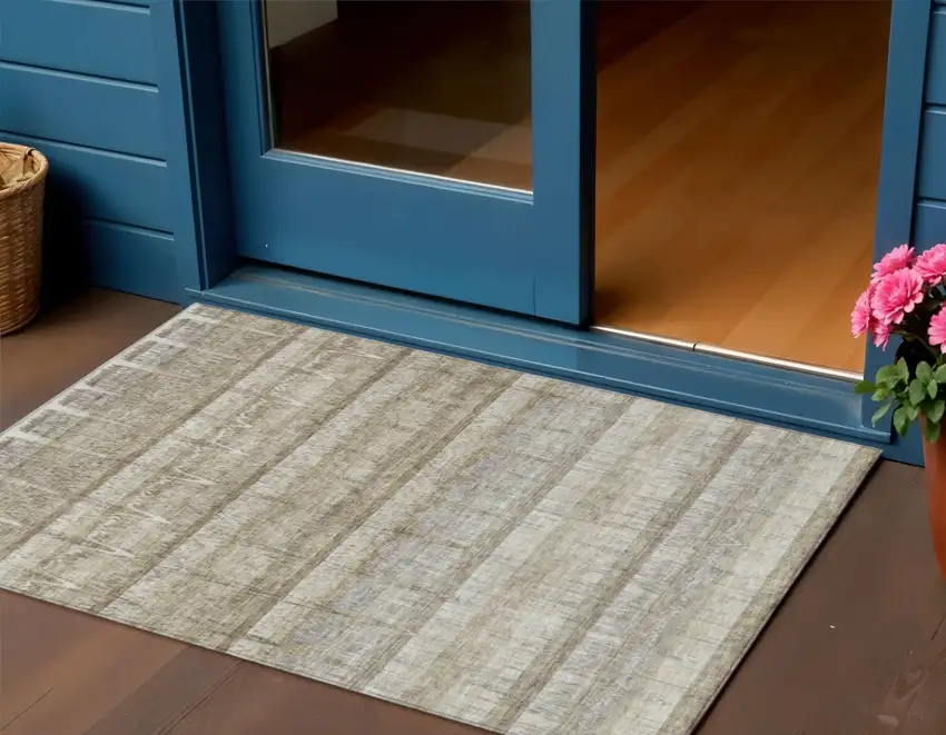 Taupe Gray And Beige Striped Washable Indoor Outdoor Area Rug Photo 1