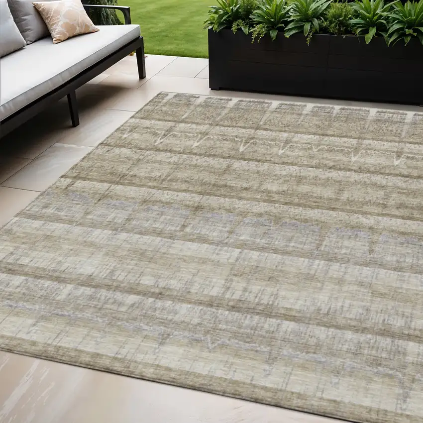 Taupe Gray And Beige Striped Washable Indoor Outdoor Area Rug Photo 1